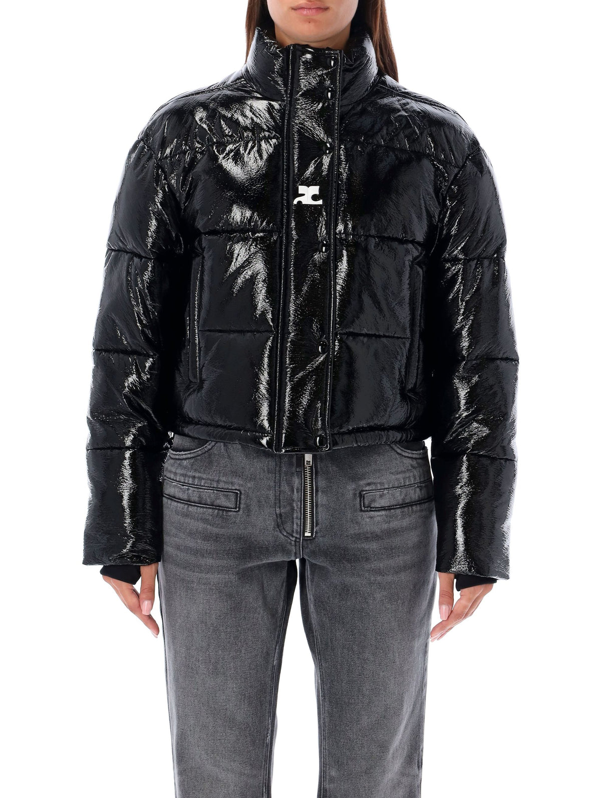 COURREGÈS Chic Black Vinyl Crop Down Jacket