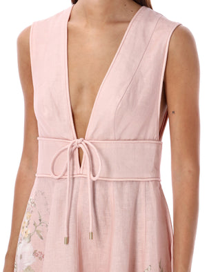 ZIMMERMANN Elegant Floral Linen Midi Dress with Bow Detail