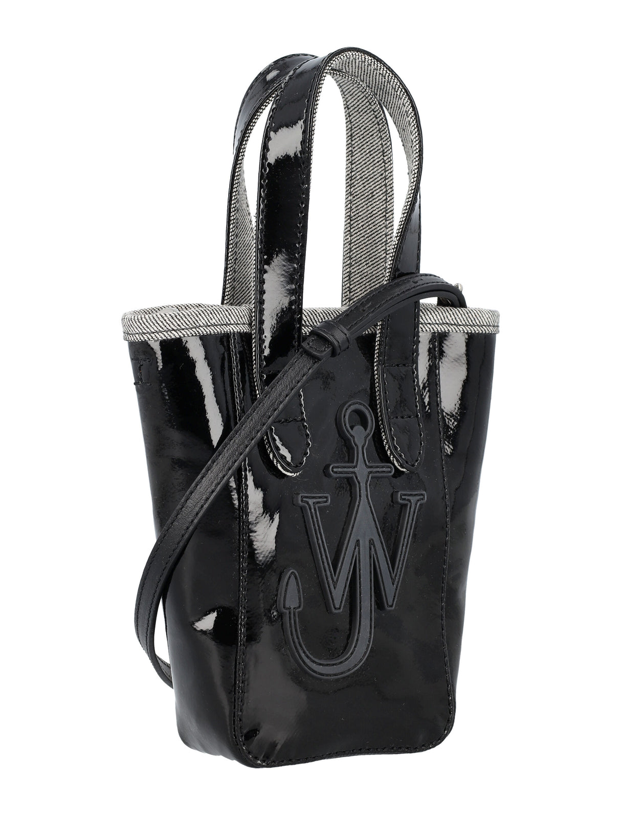 JW ANDERSON Mini Belt Tote Handbag in Glossy Black (18.5cm x 15cm x 5cm)