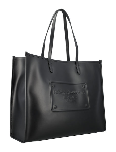 DOLCE & GABBANA Men's Calfskin Shopper with Embossed Logo - Black