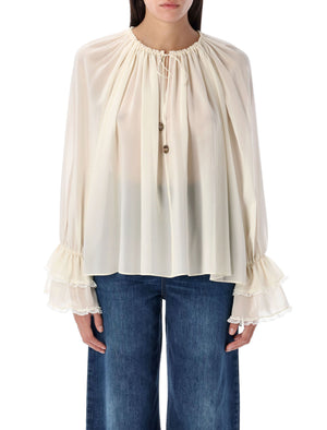 CHLOÉ Gathered V-Neck Top - Size 36