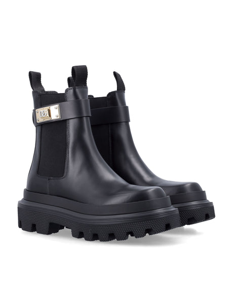 DOLCE & GABBANA Chic Combat Leather Boots with Gold-Tone Accent