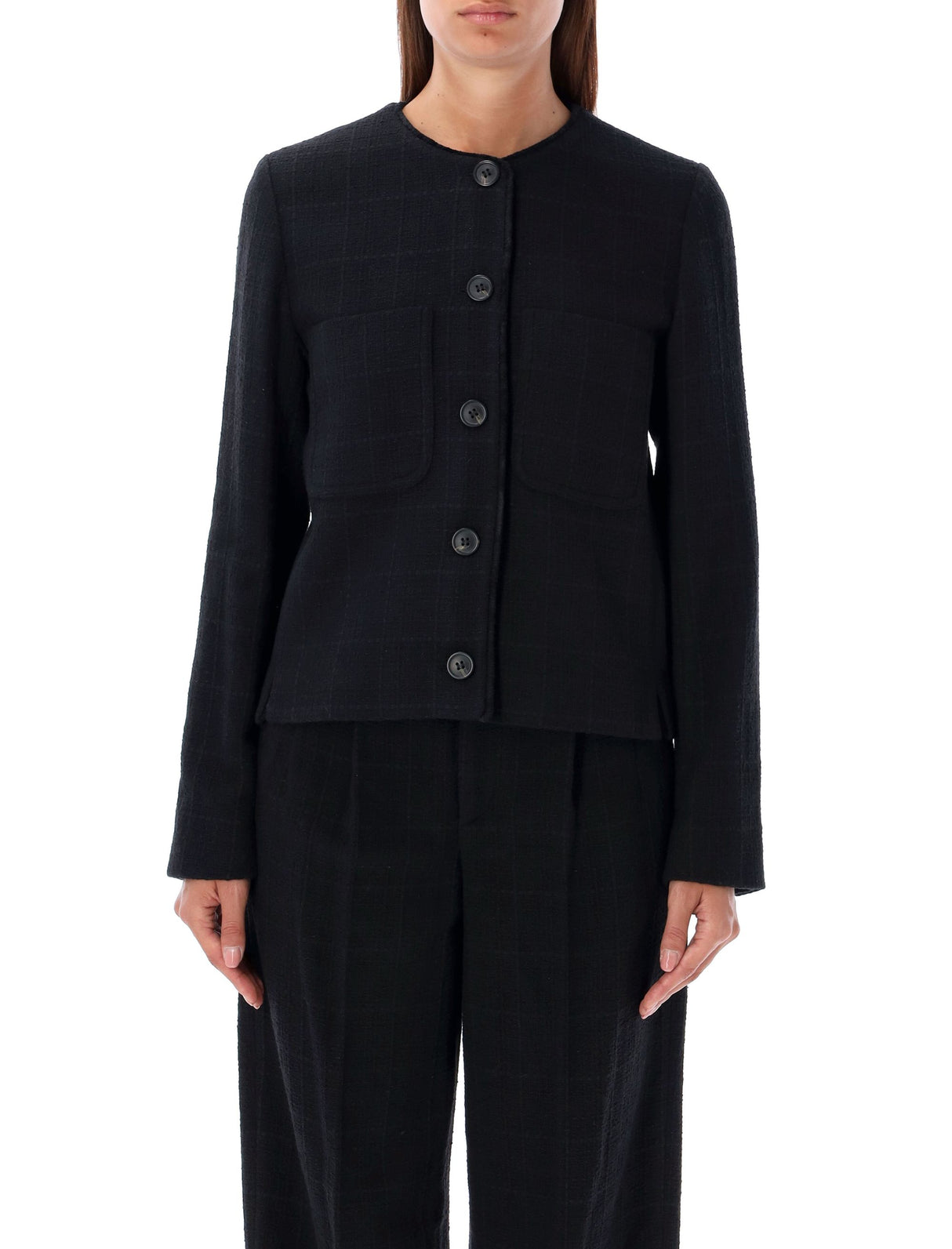 A.P.C. Chic Textured Mini Jacket with Collarless Design