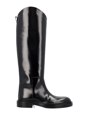 JIL SANDER Elegant Glossy Black Knee-High Leather Boots