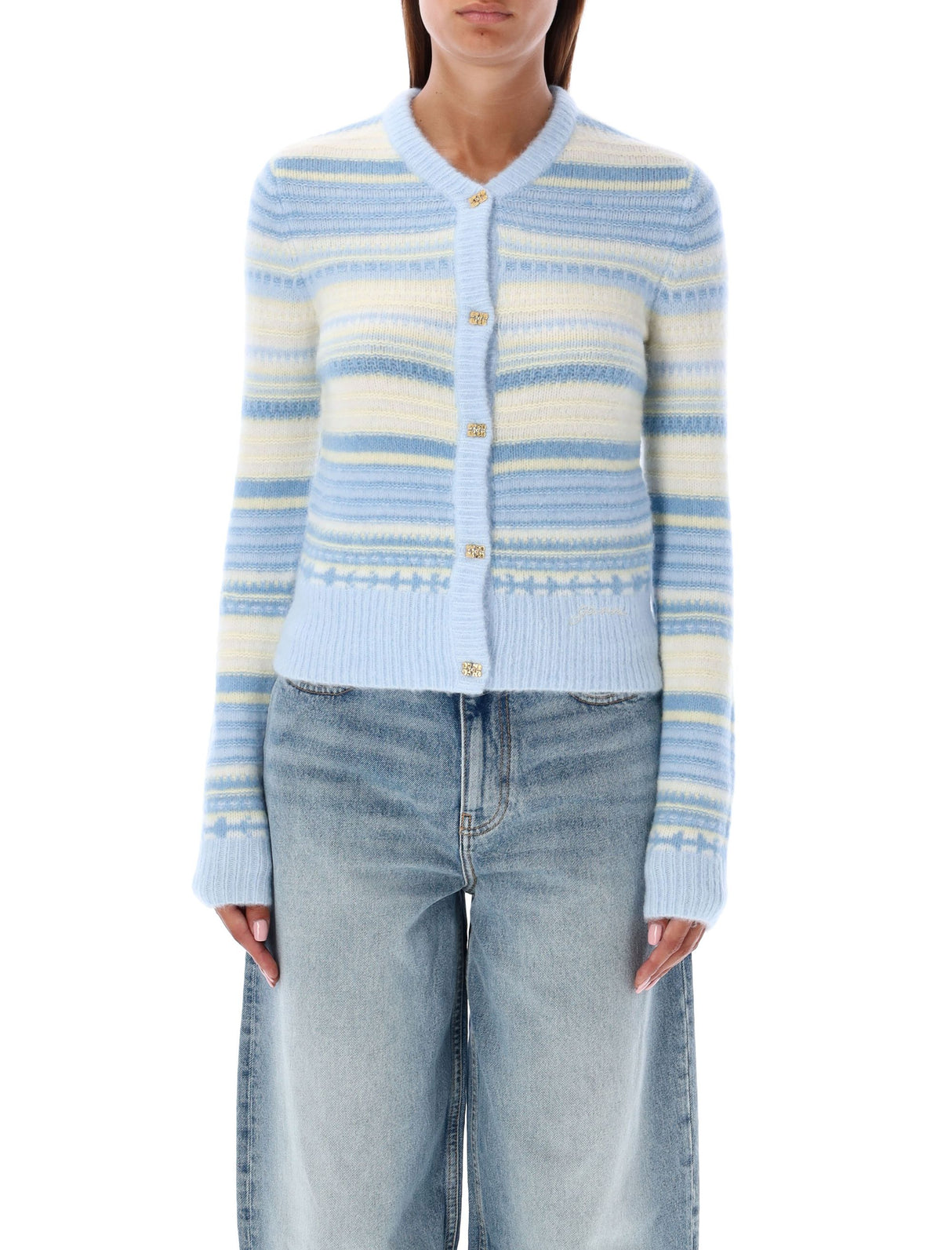 GANNI Soft Wool Striped Crew-Neck Cardigan