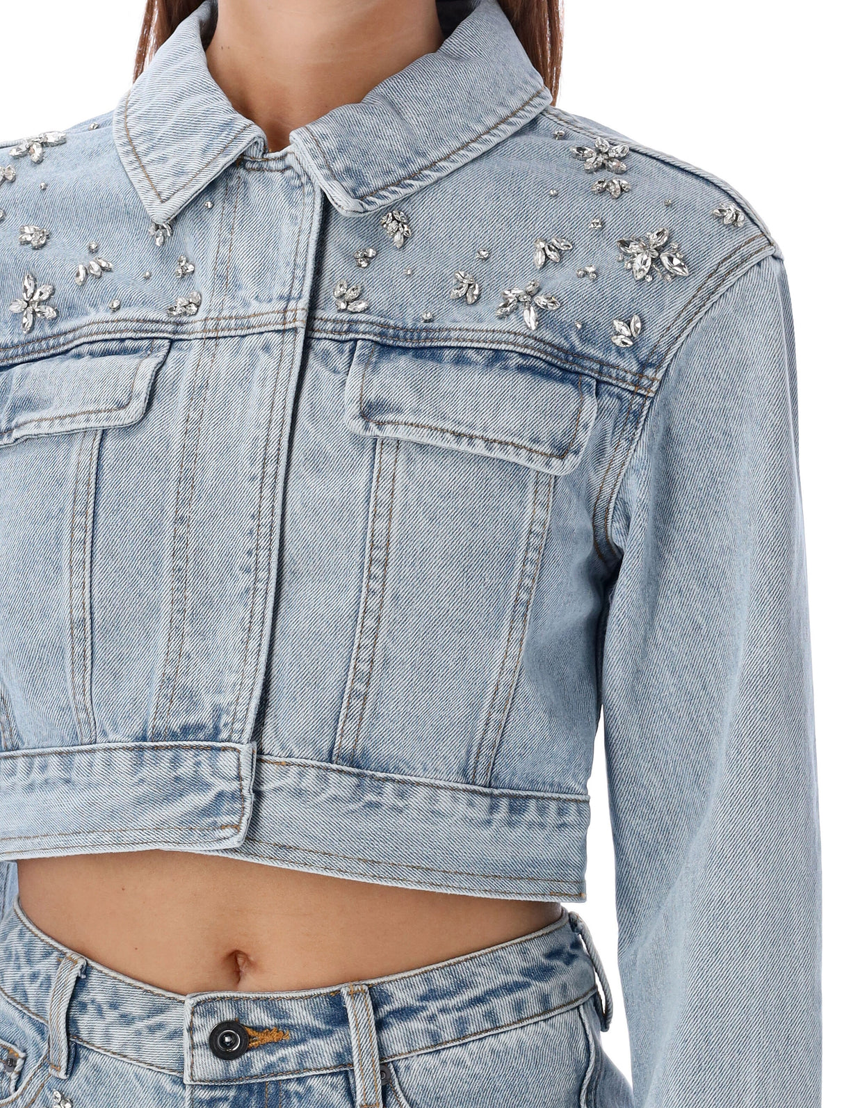 SELF-PORTRAIT Chic Light Blue Denim Cropped Jacket with Crystal Embellishments