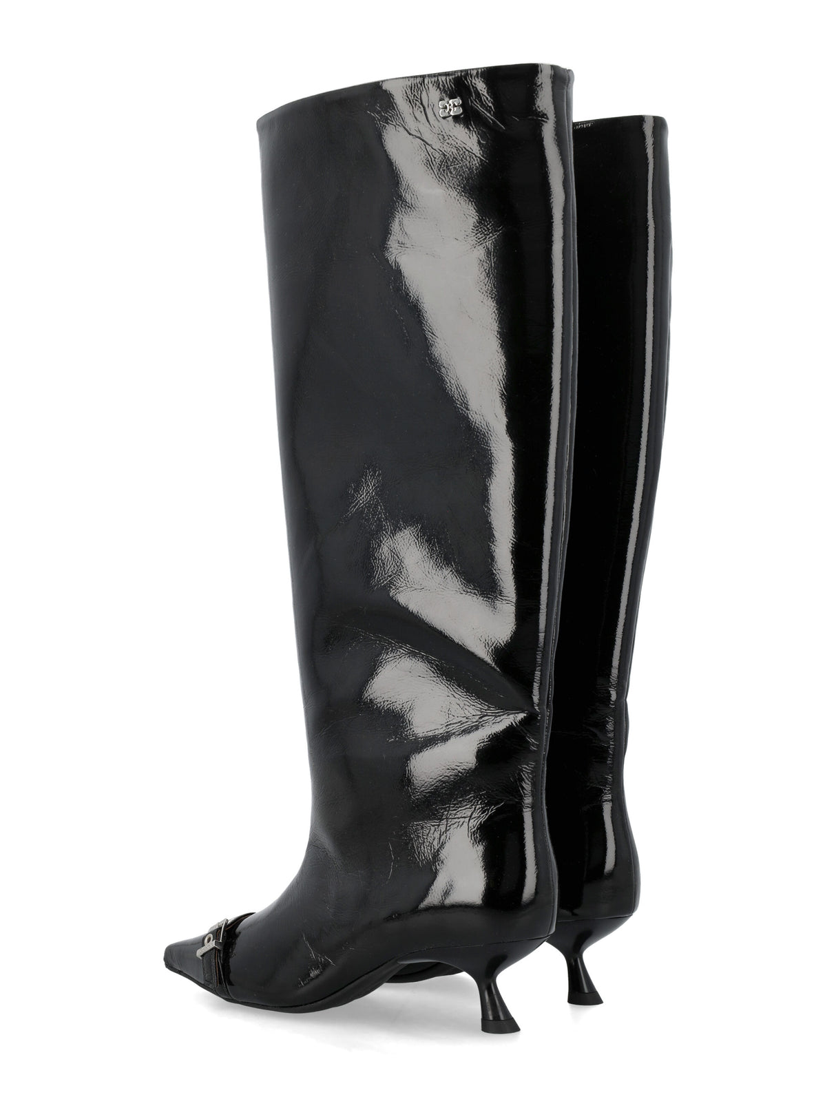 GANNI Black Leather High Shaft Boot with Eyelet Details