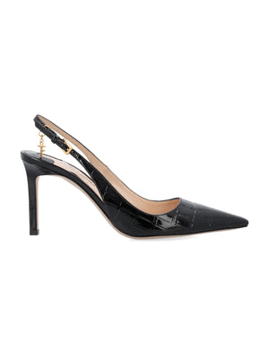 TOM FORD Elegant Croc-Embossed Leather Slingback Heels with Gold Accents, 9.5cm Heel