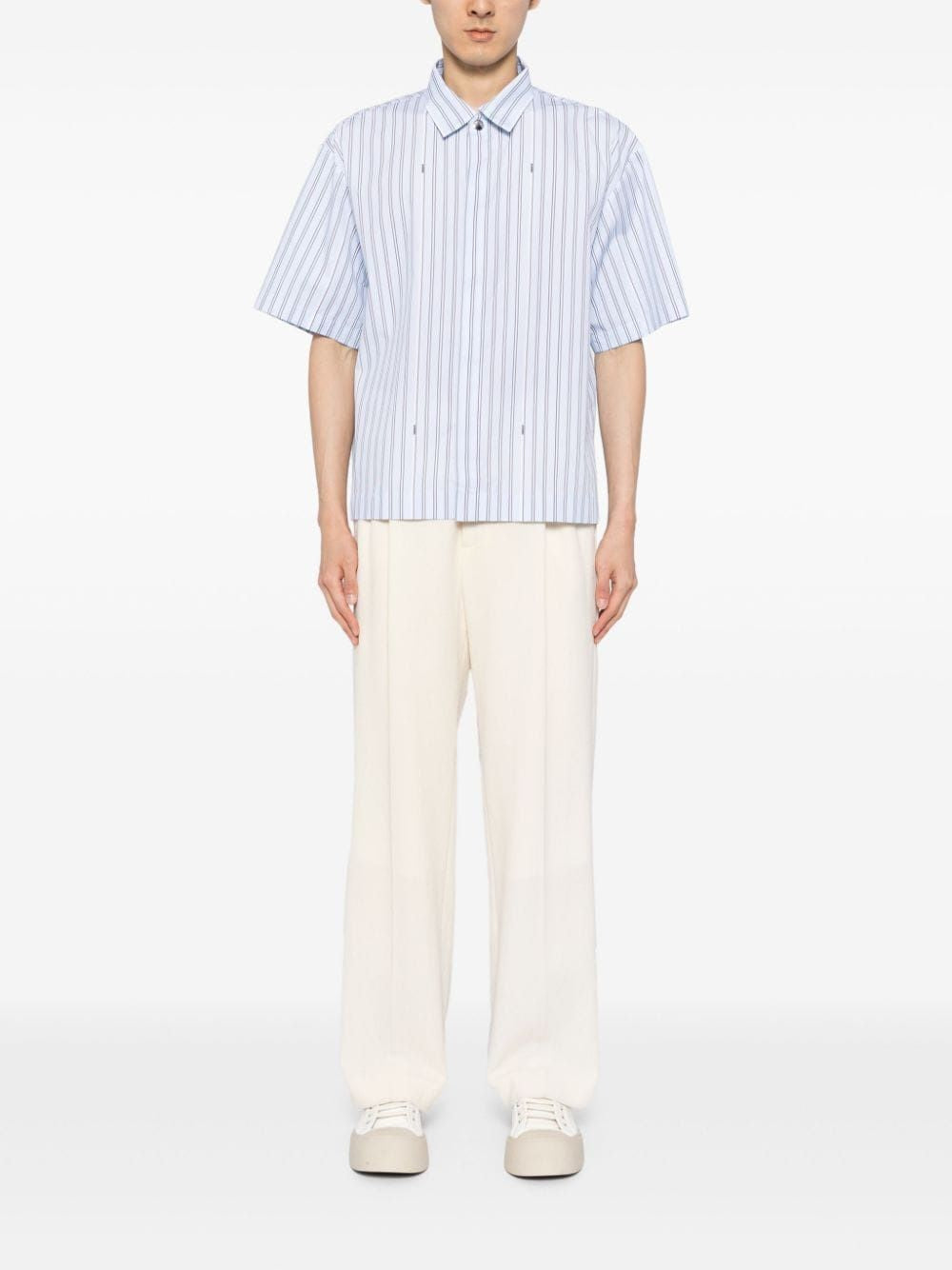 JACQUEMUS Short Sleeve Cotton Shirt in Bright Blue Stripe