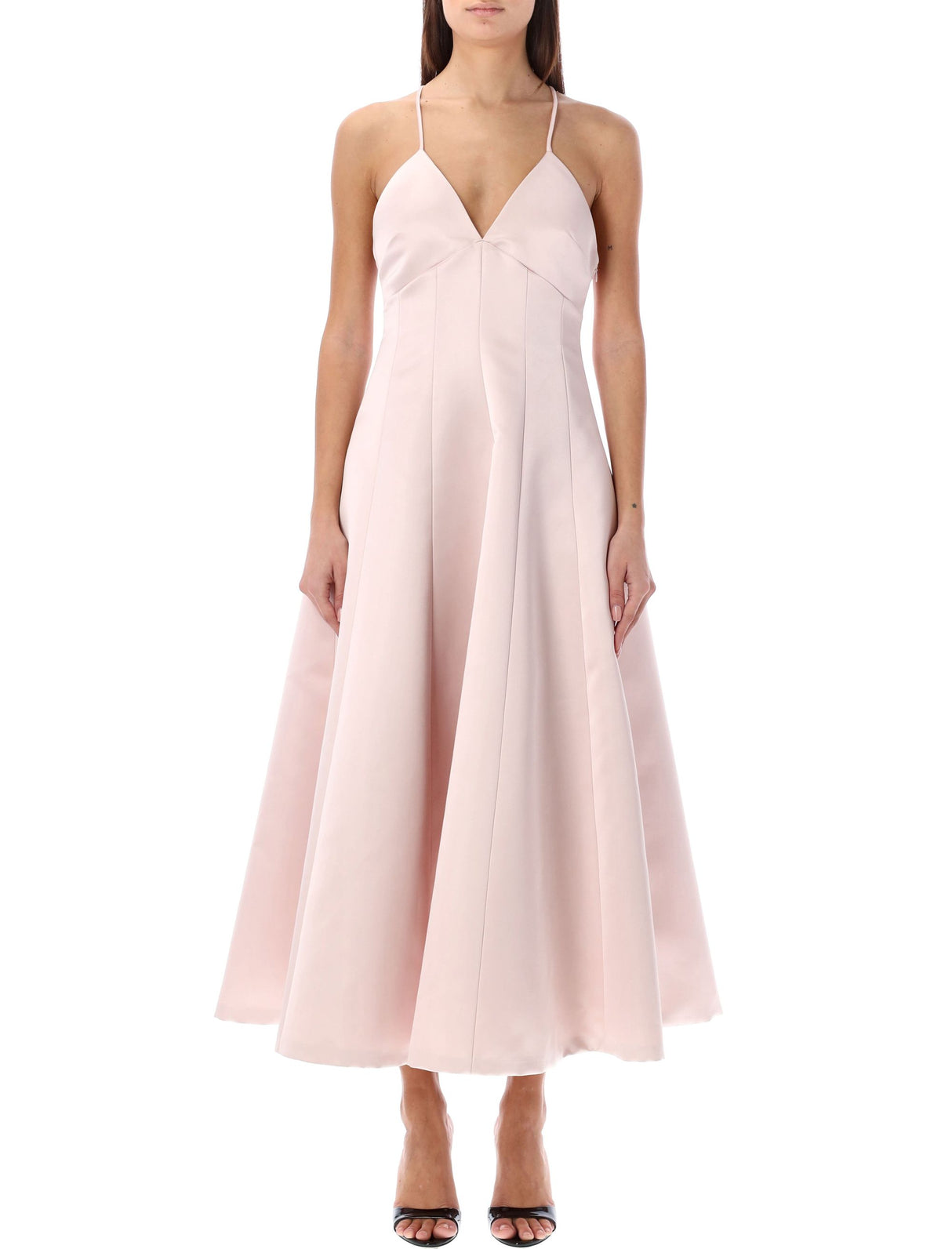 PHILOSOPHY DI LORENZO SERAFINI Feminine and Elegant V-Neck Pink Duche Dress for Women