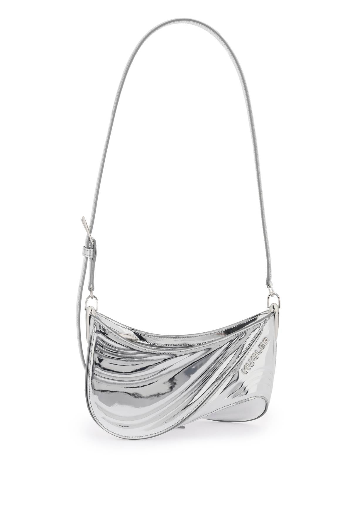 MUGLER Small Spiral Curve 01 Gray Laminated Faux Leather Crossbody Handbag with Suede Interior and Adjustable Strap