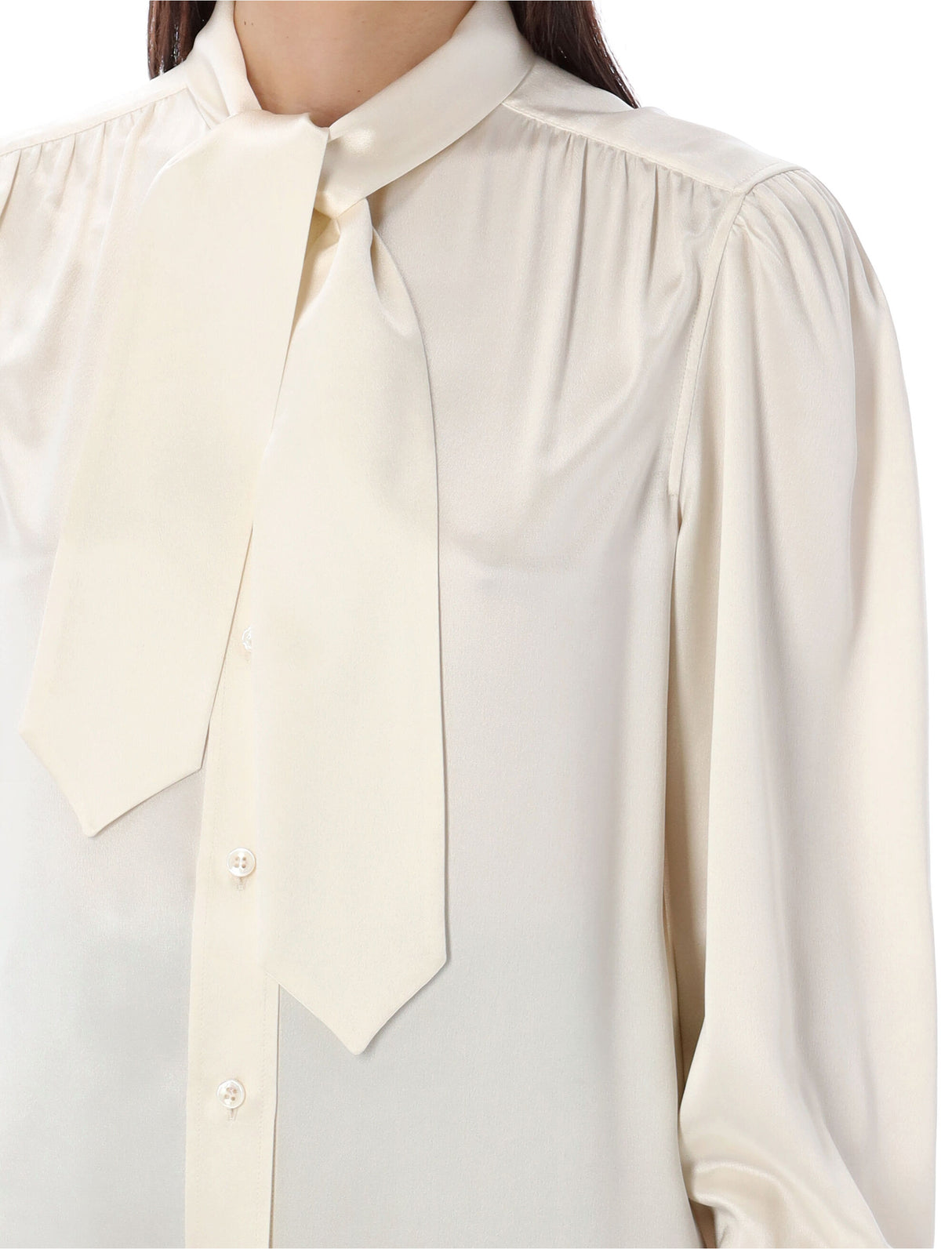 SAINT LAURENT SILK SATIN LAVALLIÈRE-NECK BLOUSE IN WHITE FOR WOMEN