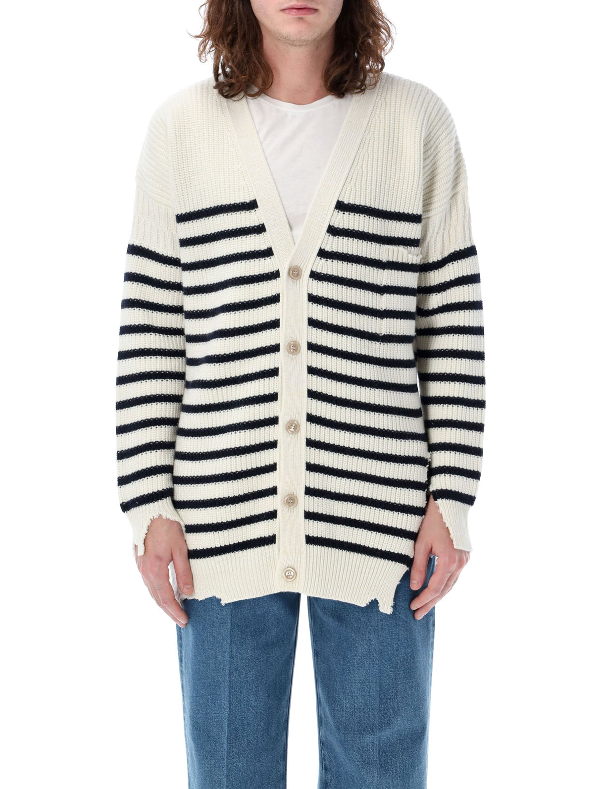 MARNI Men's Striped Fisherman Cardigan for SS24 in Navy and Ecru