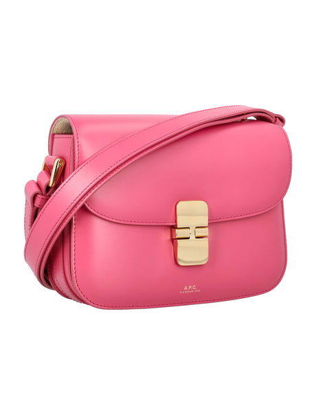 A.P.C. Elegant Fuchsia Rose Leather Mini Handbag with Goldtone Accents - Trapezoidal Crossbody with Foldover Clasp Closure