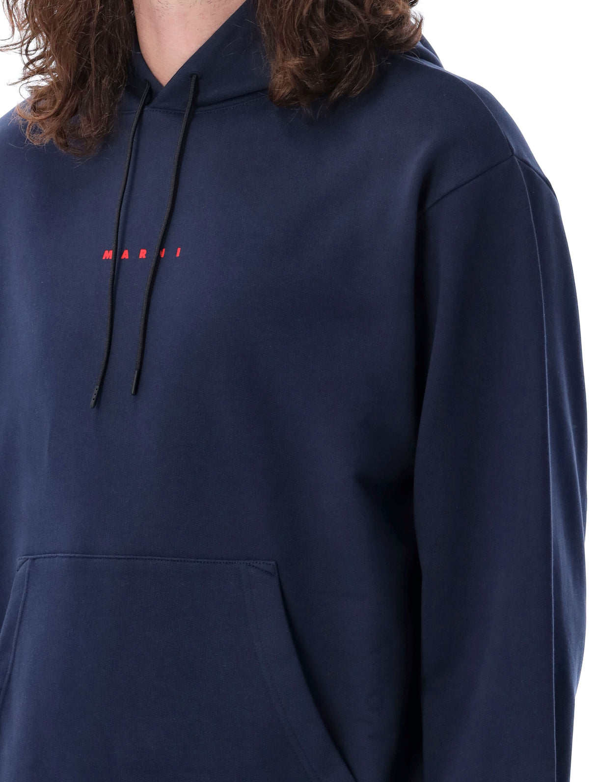 Navy V-Neck Hoodie for Men featuring a Kangaroo Pocket and Marni Logo