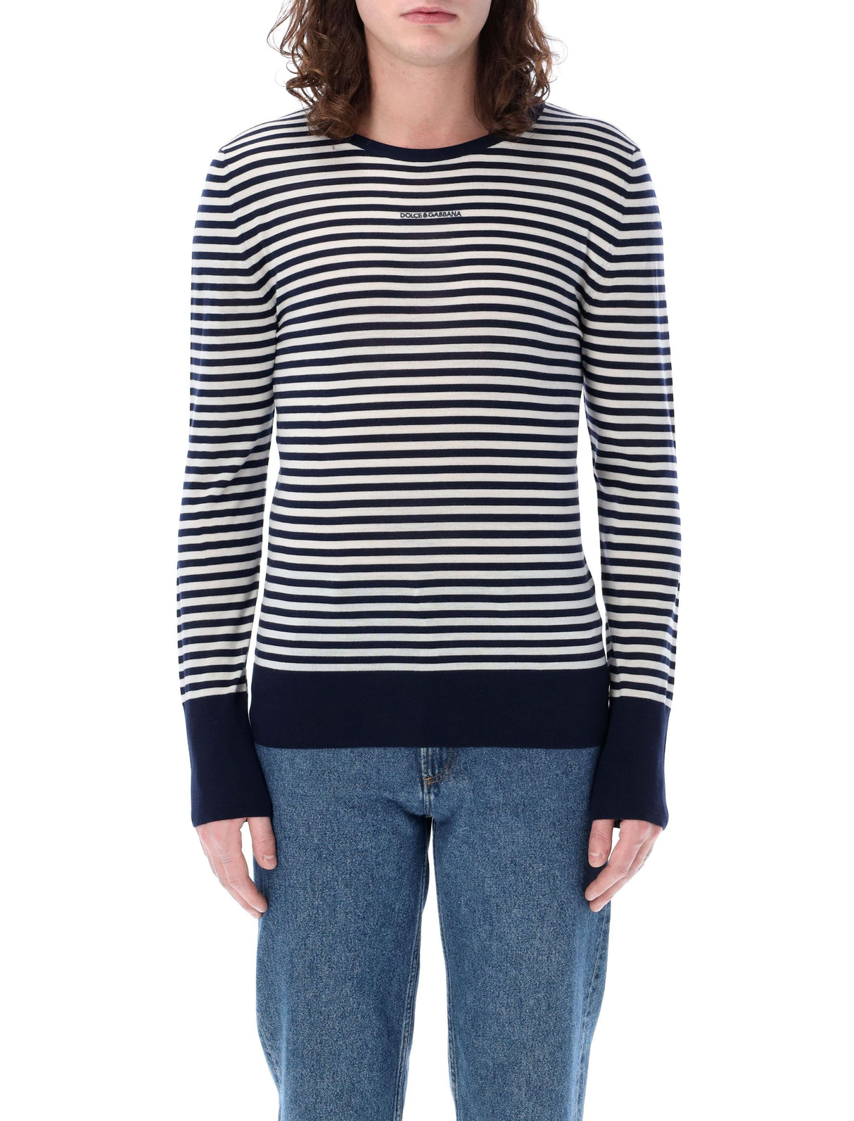 DOLCE & GABBANA Blue and White Striped Wool Sweater for Men