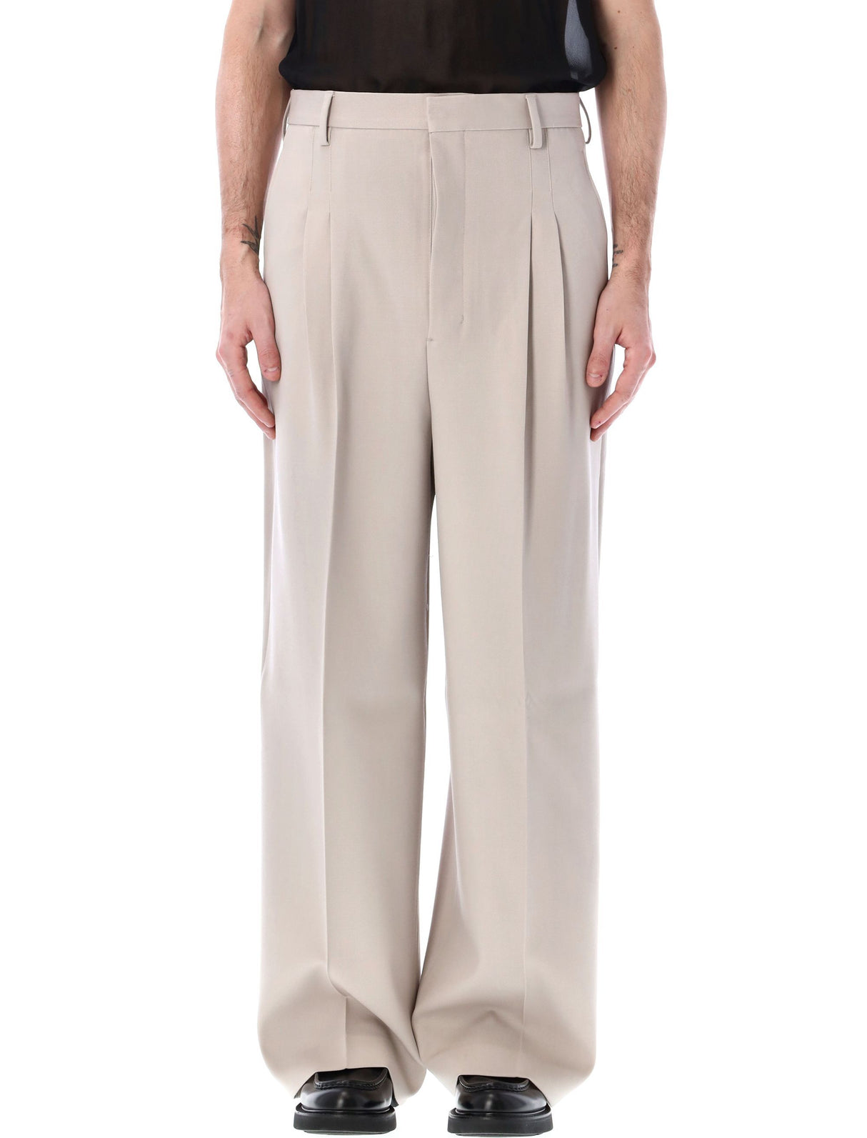 AMI PARIS Light Beige High Waist Large Trousers for Men