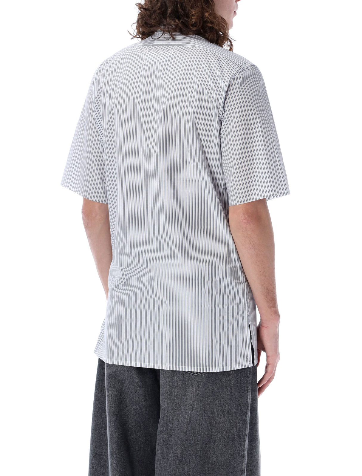 Blue and White Striped Cotton Shirt with Pointed Collar by Maison Margiela