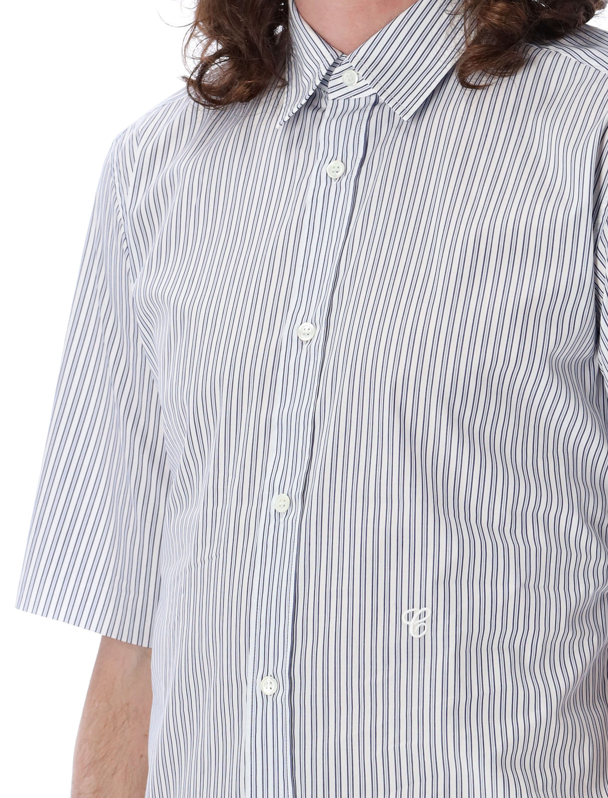 Blue and White Striped Cotton Shirt with Pointed Collar by Maison Margiela