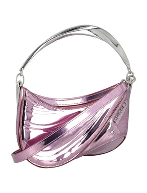 MUGLER Metallic Pink Mini Curve Shoulder Bag with Silver Handle, 18x23x9 cm