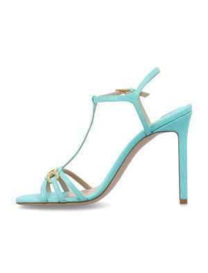 TOM FORD Acqua Sky Stamped Lizard Leather Whitney Sandal for Women | Square Toe Stiletto Heel with Buckle Fastening Ankle Strap and Metal Whitney T Shaped Signature in US English for SS24