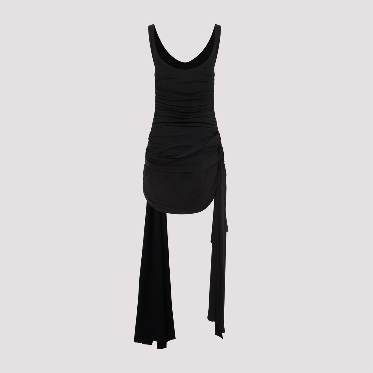 MUGLER Minimalist Black Mini Dress with Dramatic Side Trains