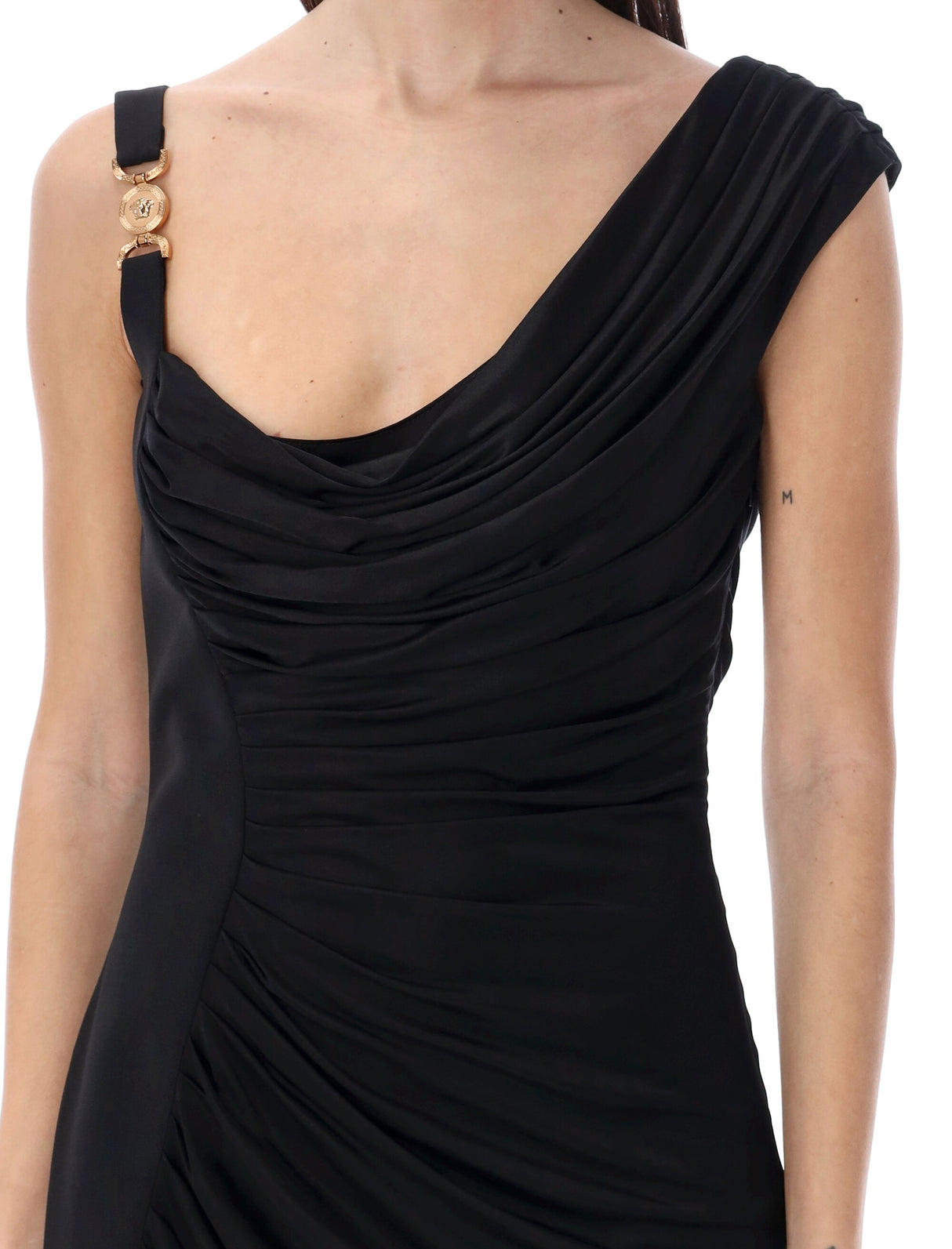 VERSACE Asymmetric Draped Mini Dress with Iconic Hardware - Size 40