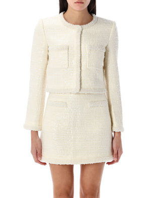 SELF-PORTRAIT Cropped Pearl Trim Bouclé Jacket - Size 6