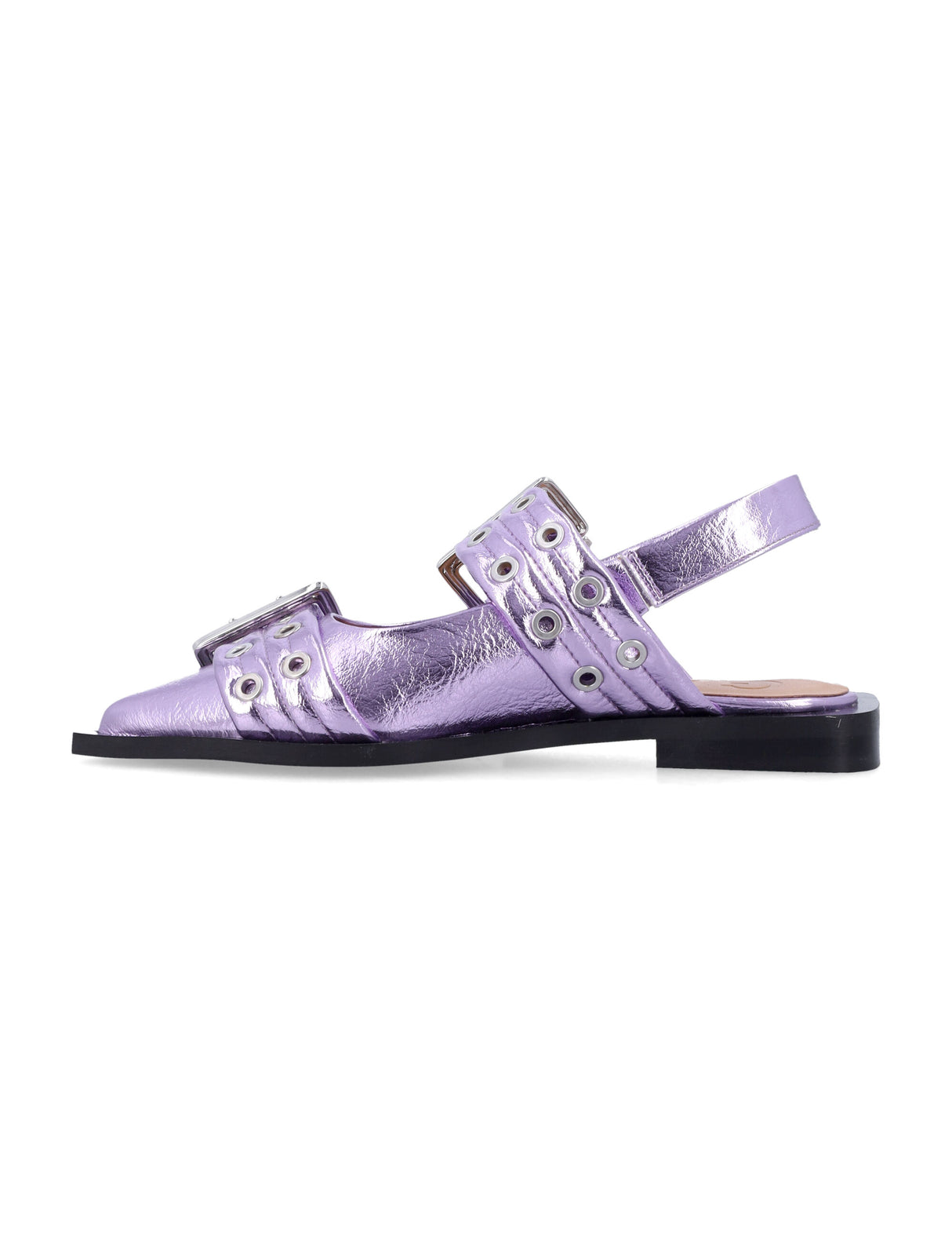 GANNI Metallic Feminine Buckle Ballerinas with Block Heel