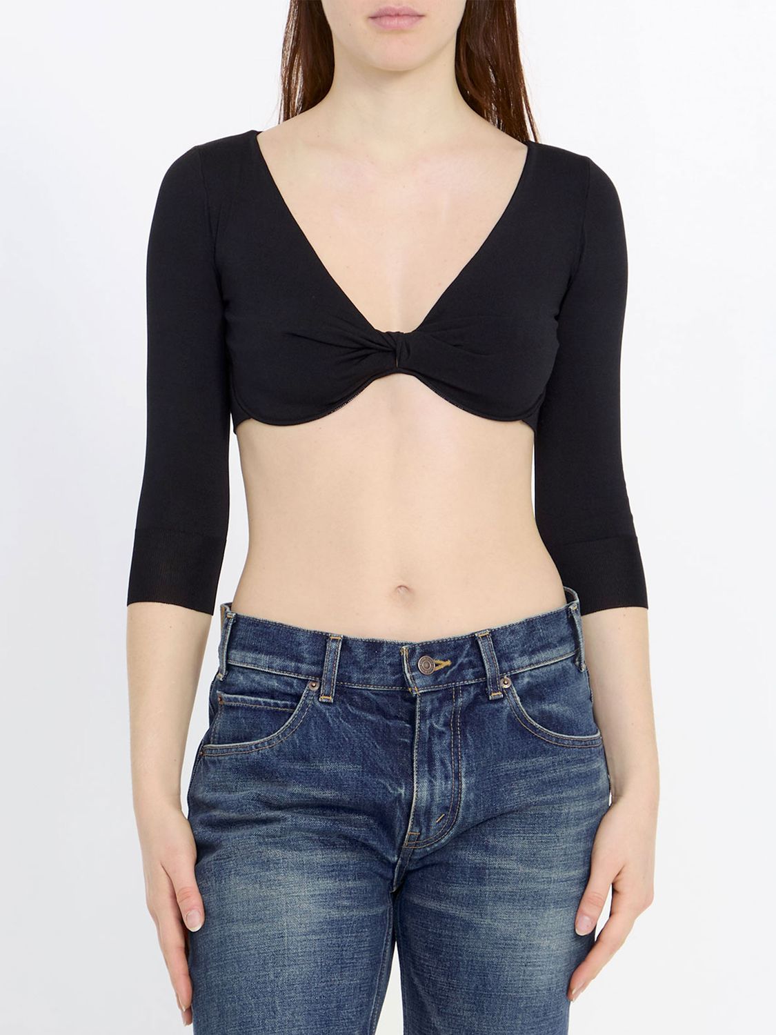 CELINE Black Draped Three-Quarter Sleeve Crop Top in Stretch Silk Blend for Women