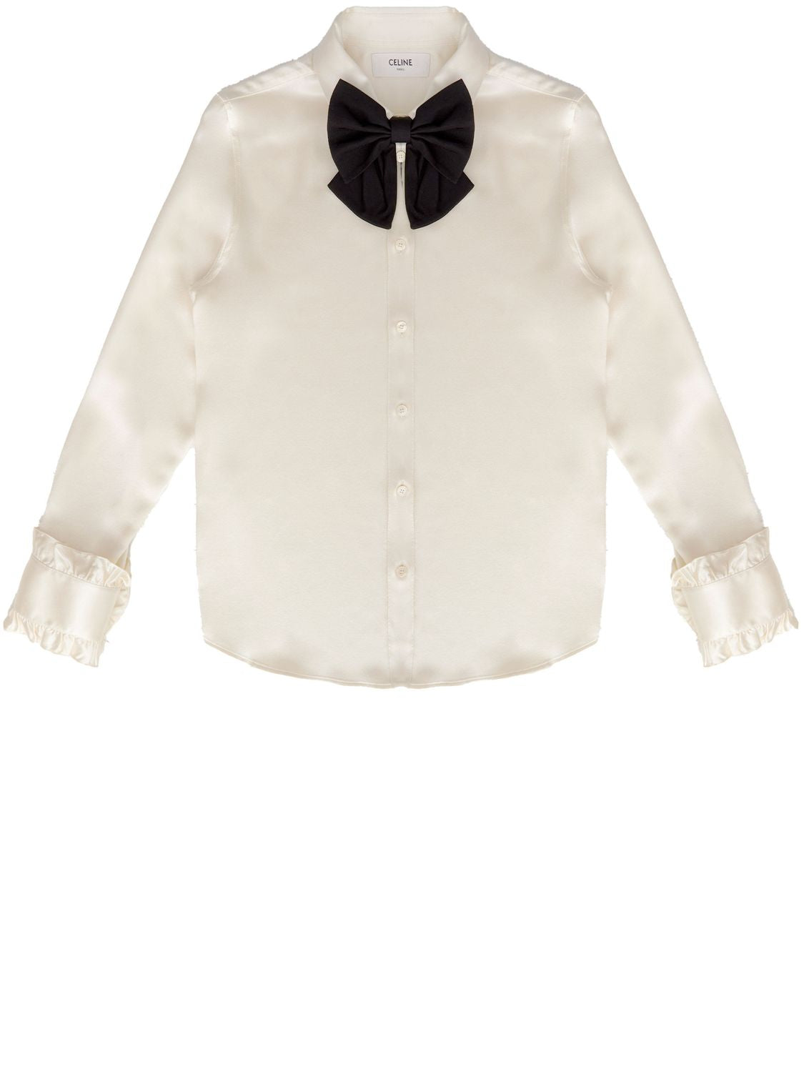 CELINE Silk Blouse with Decorative Bow and Ruffled Cuffs