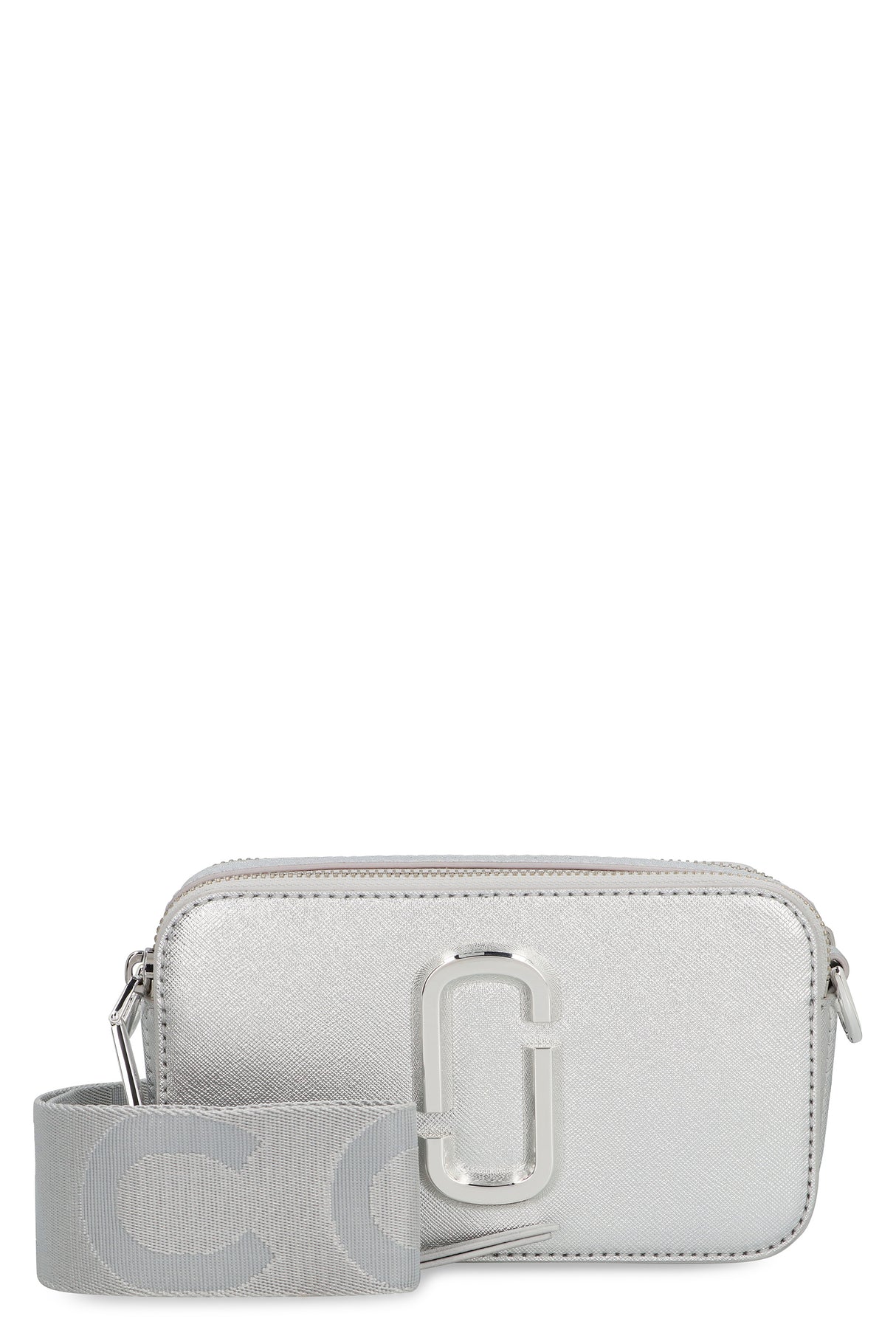 MARC JACOBS Metallic Silver Snapshot Mini Crossbody Handbag in Saffiano Leather with Monogram Detail