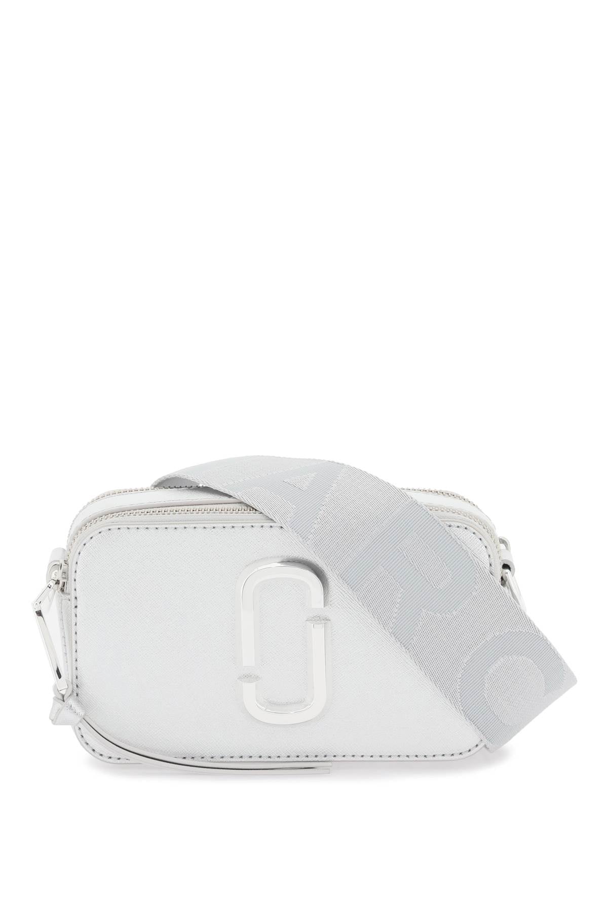 MARC JACOBS Metallic Silver Snapshot Mini Crossbody Handbag in Saffiano Leather with Monogram Detail