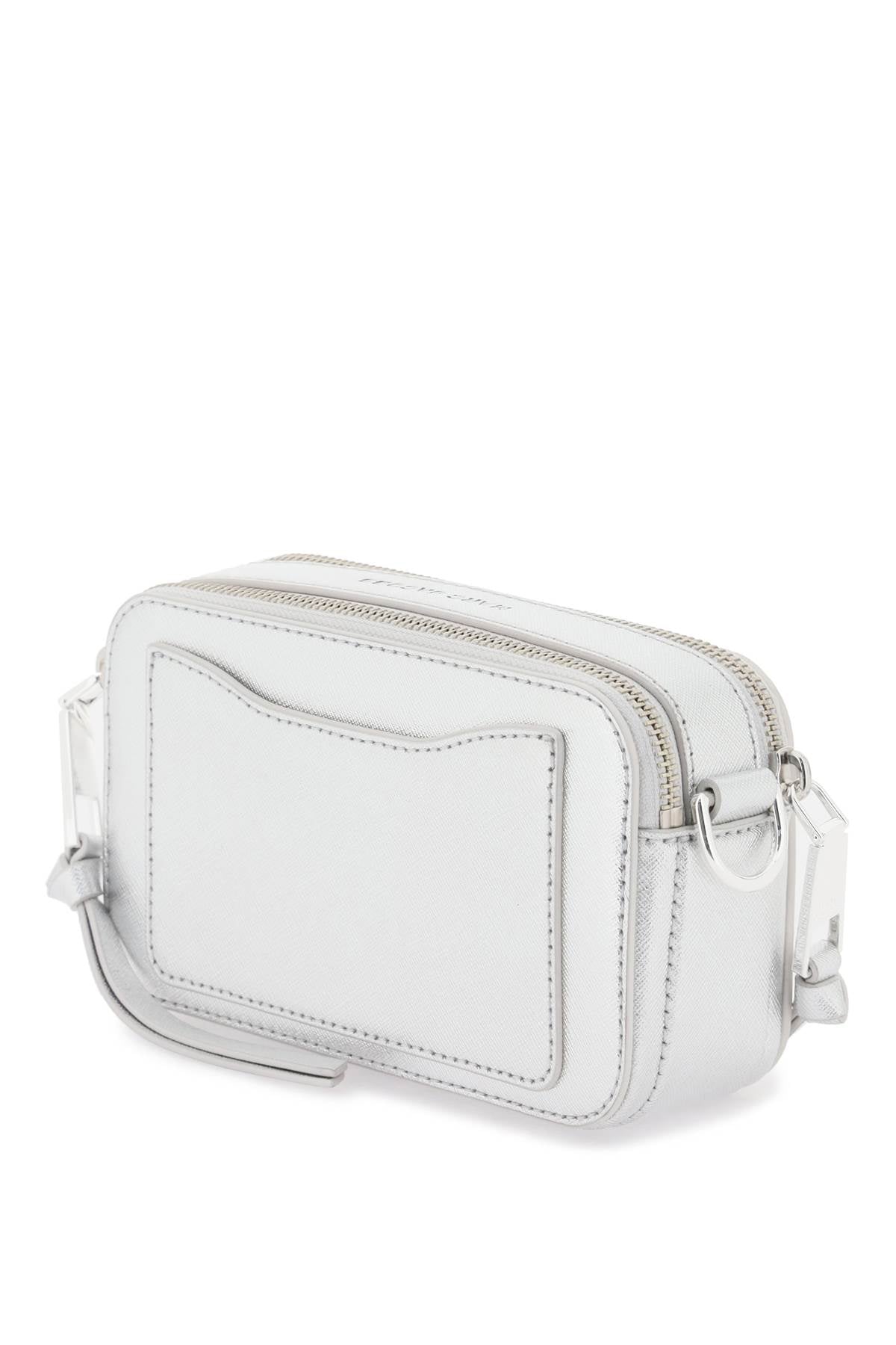 MARC JACOBS Metallic Silver Snapshot Mini Crossbody Handbag in Saffiano Leather with Monogram Detail