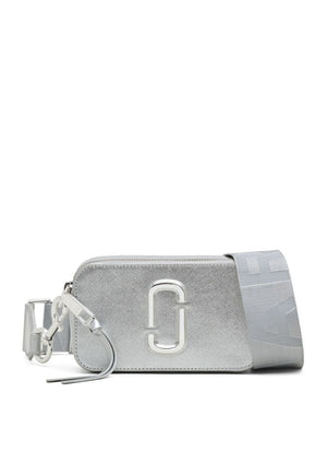 MARC JACOBS Metallic Silver Snapshot Mini Crossbody Handbag in Saffiano Leather with Monogram Detail