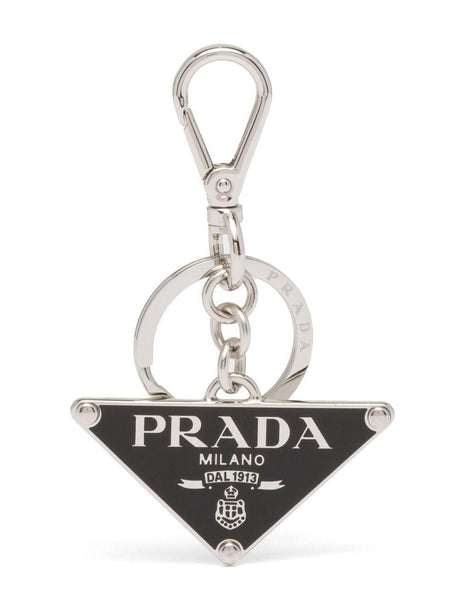 PRADA Black Enamel Triangle Logo Plaque Keyring for Men