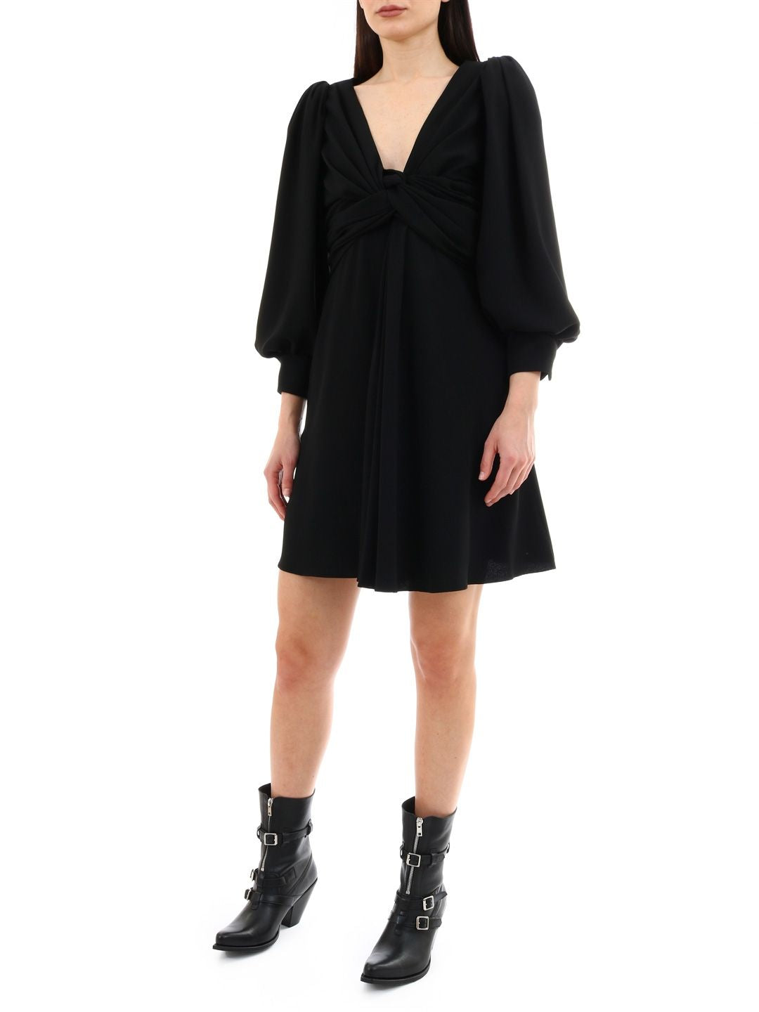 CELINE Black V-Neck Wrap Dress for Women - Stylish Draping and Long Sleeves for SS19