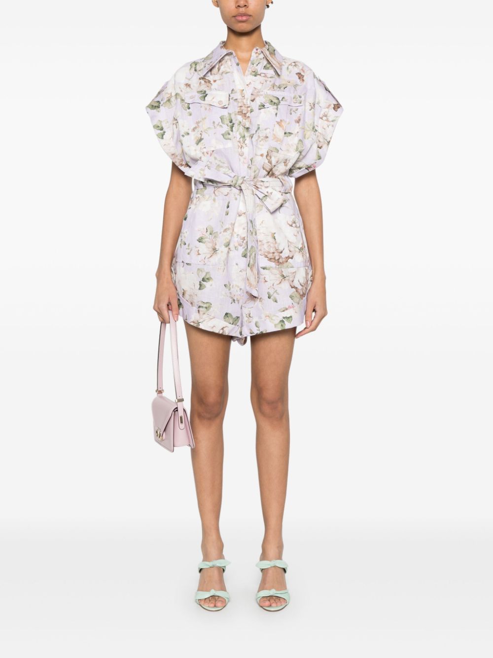 ZIMMERMANN Floral Print Linen Playsuit with Belted Waist and Short Sleeves