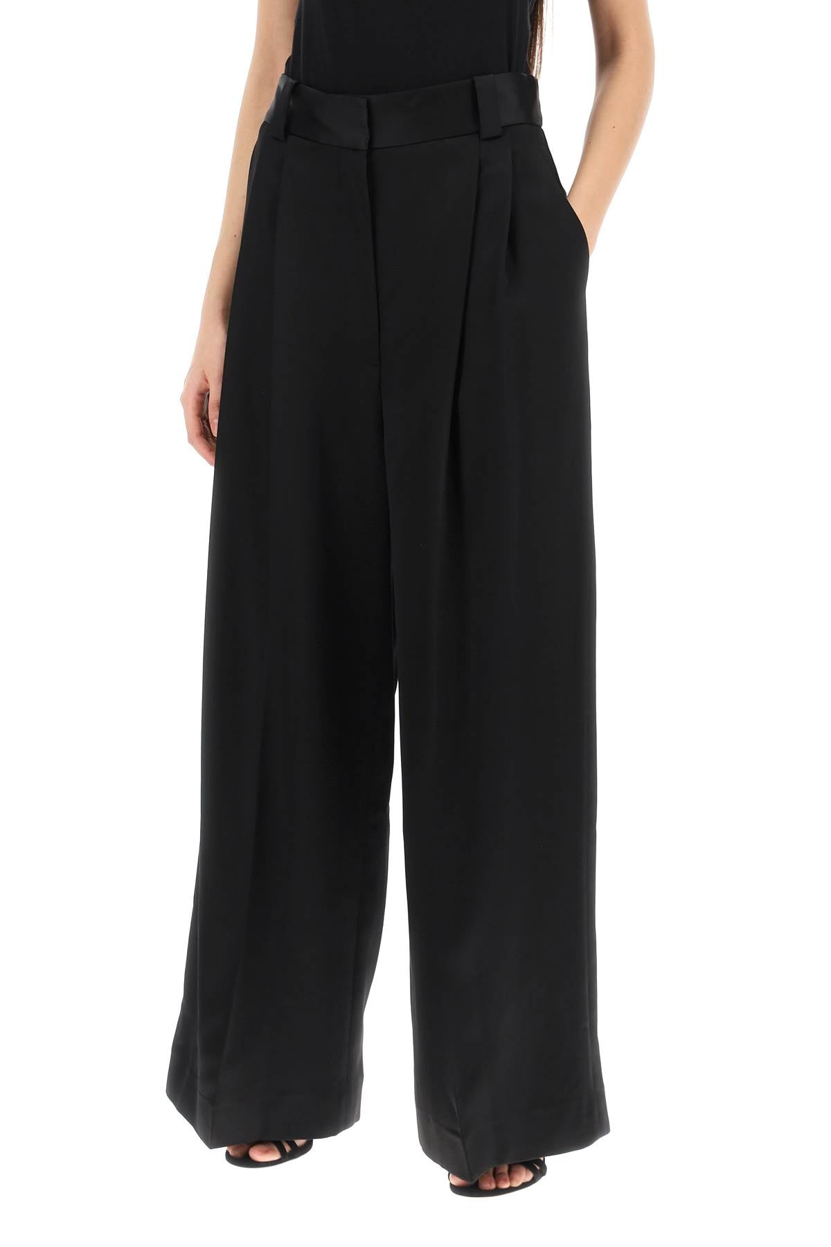 KHAITE Classy Black Satin Wide Leg Pants for Women