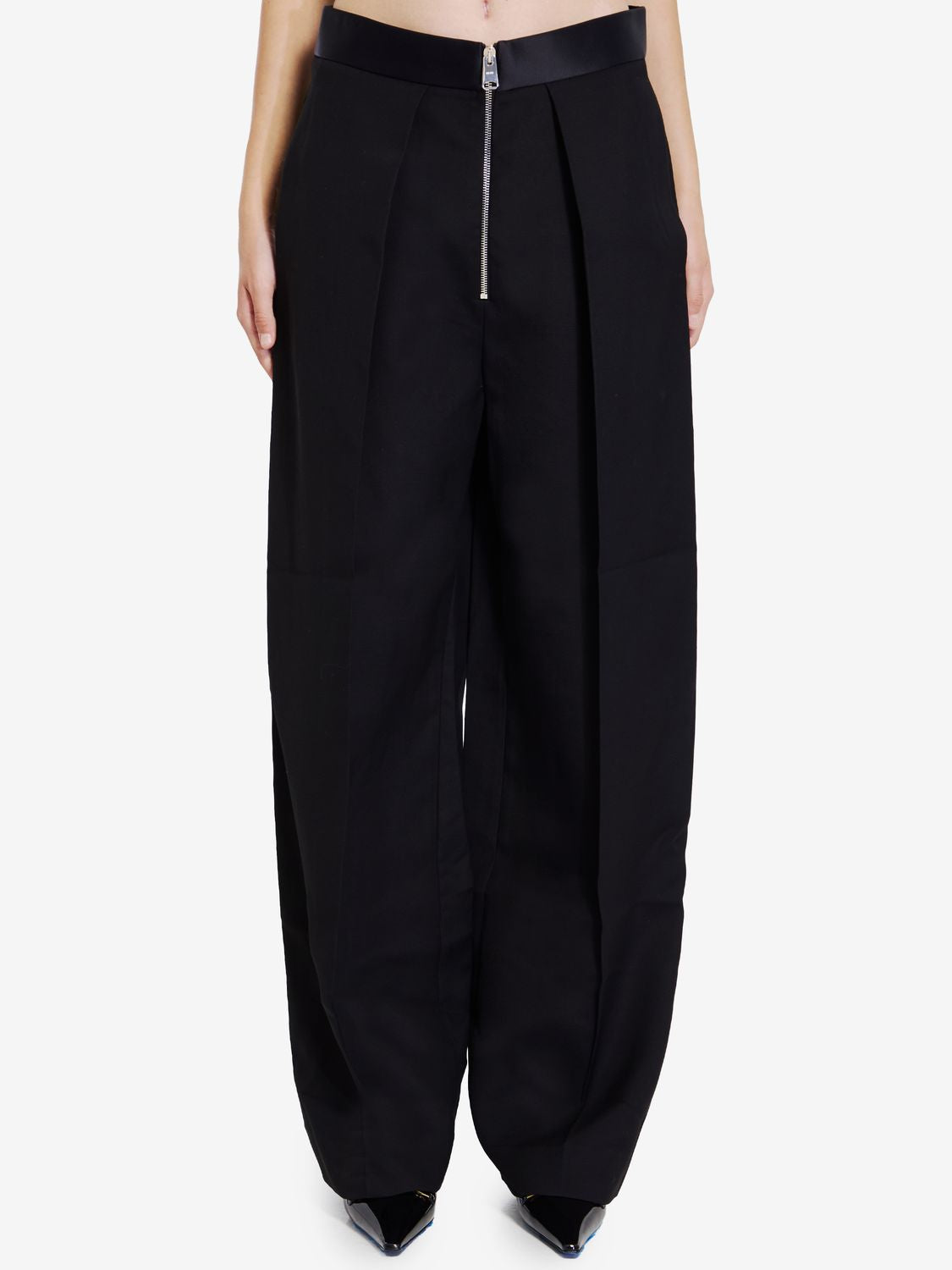 KHAITE Elegant Black Satin-Detailed Trousers