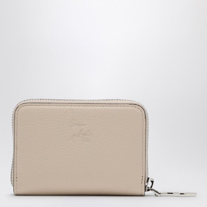 CHRISTIAN LOUBOUTIN Spiked Mini Coin Purse in Beige Grained Calfskin