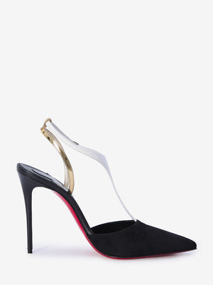 CHRISTIAN LOUBOUTIN Elegant Athina Black Suede Pumps with Strappy Gold and White Accents, 10cm Heel