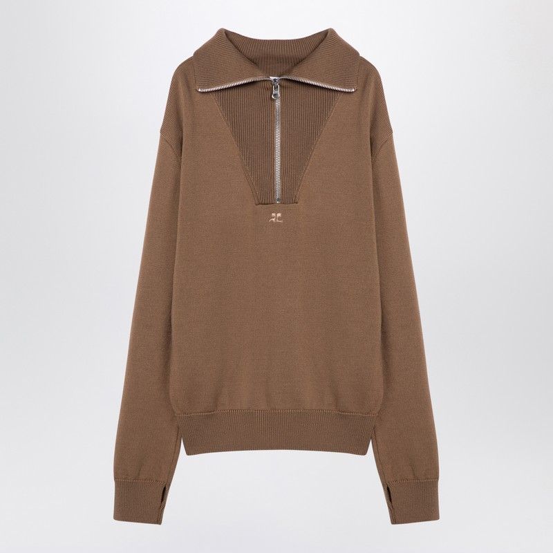 COURREGÈS Chic Beige Merino Wool Zip Sweater