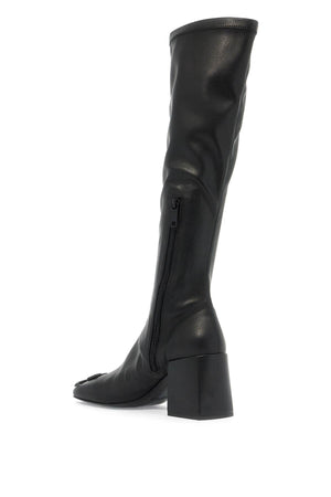 COURREGÈS Chic Stretch Faux Leather Boots with Monogram Detail