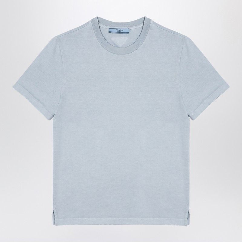 PRADA Light Blue Washed Cotton T-Shirt with Edgy Wear for Women