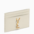 SAINT LAURENT Cream Leather Card Holder with Two-Tone Metal Logo