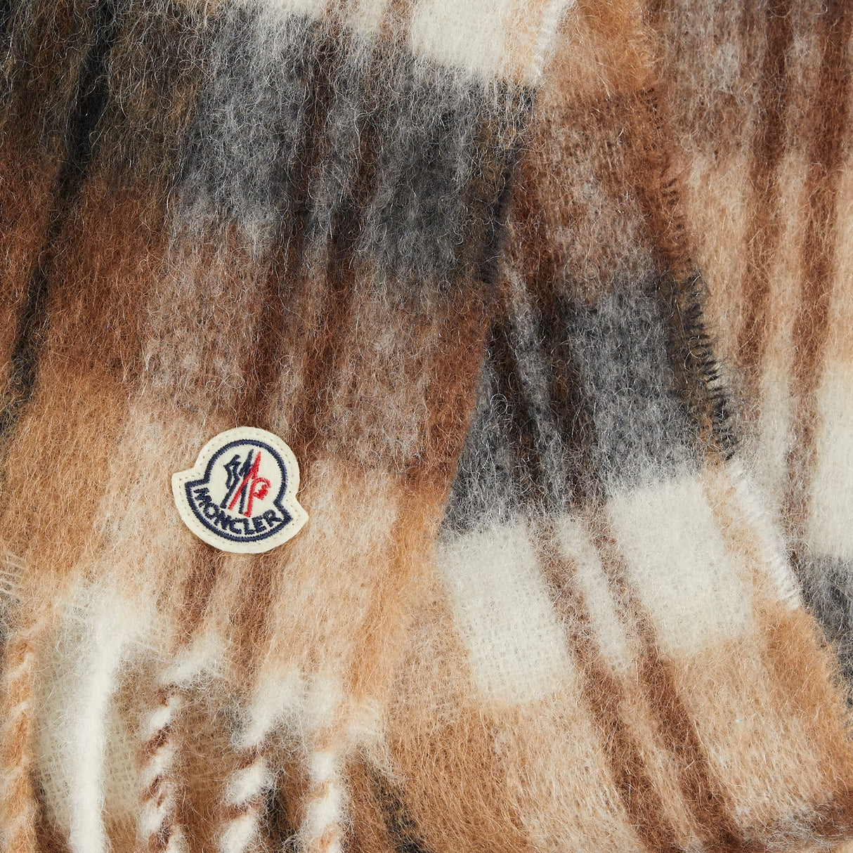 MONCLER Checked Fringed Scarf with Felt Logo - 210 x 28 cm