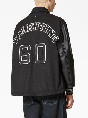 VALENTINO GARAVANI Men's Black Varsity Jacket with Leather Sleeves