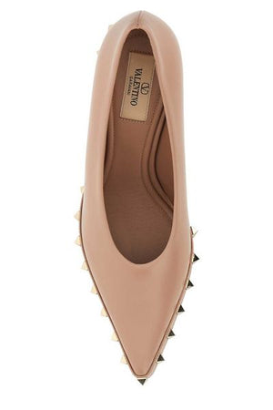 VALENTINO Feminine Luxe: Pointed Toe Pumps in Beige with Raffia and Pyramid Stud Accents