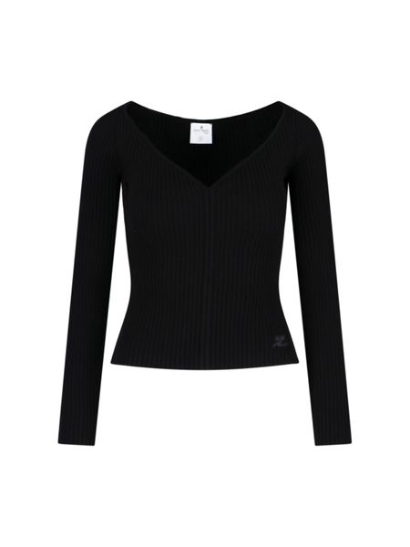 COURREGÈS Raffia V-Neck Jumper in Navy Blue for Women - FW22